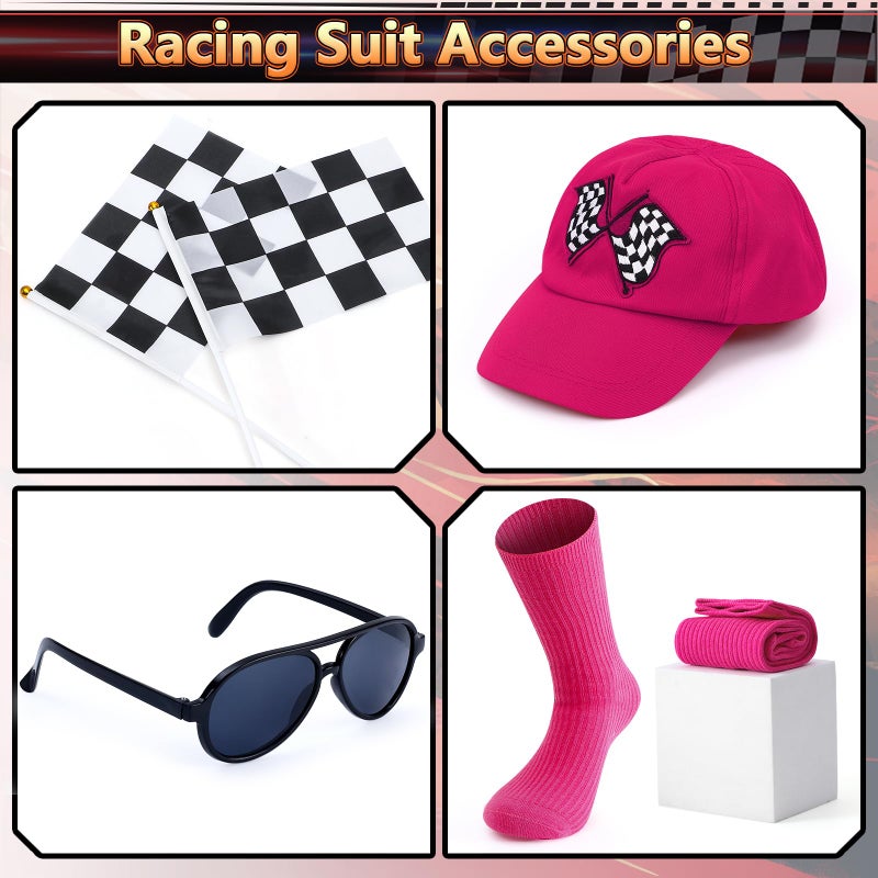G.C 8pcs Kids Girls Race Car Driver Costume Toddler Racing Suit Rose Red Racer Dress Costumes Accessories Car Cap Knee Socks Sunglasses Flags Halloween Dress up Clothes (XS(4-6T)) - Image 3